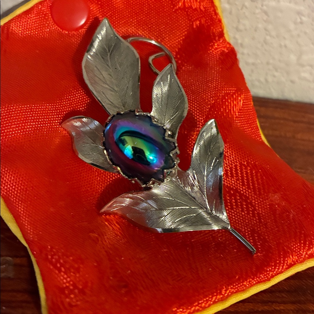 Vintage Leaf Brooch with Iridescent Stone